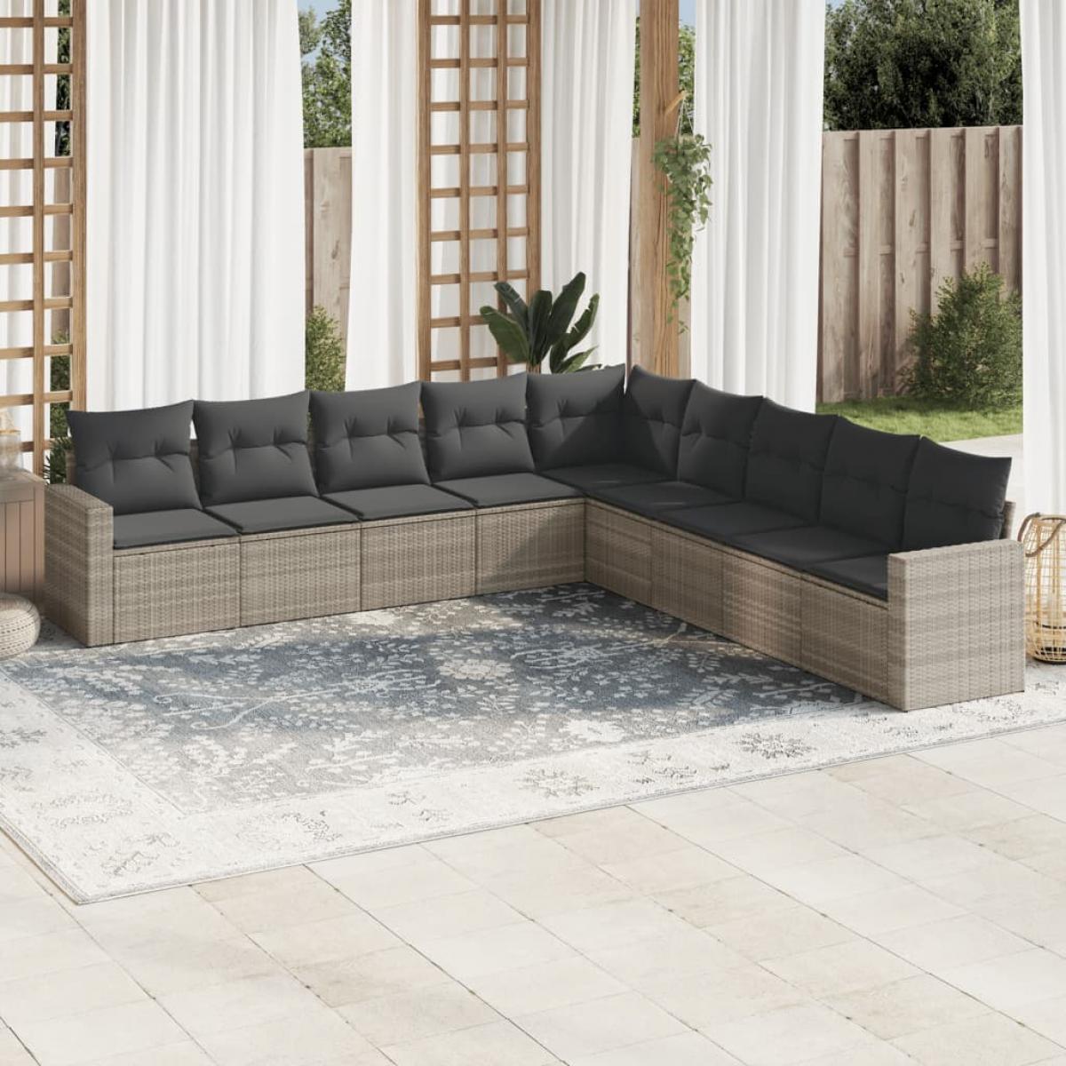 Set de muebles de jardín 9 pzas y cojines ratán sintético gris