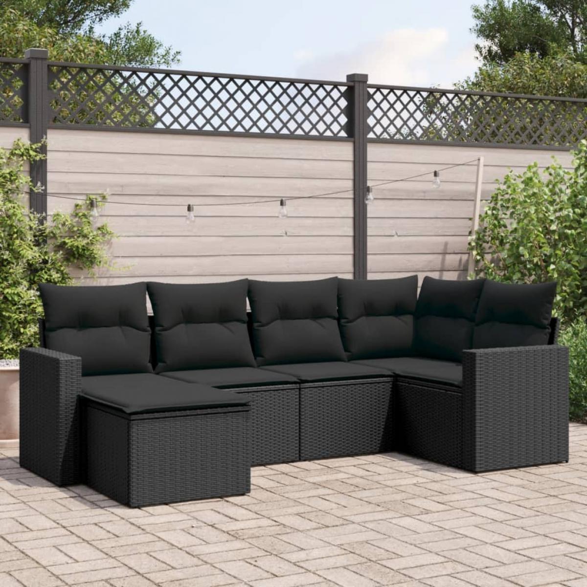 Set muebles de jardín 6 piezas y cojines ratán sintético negro