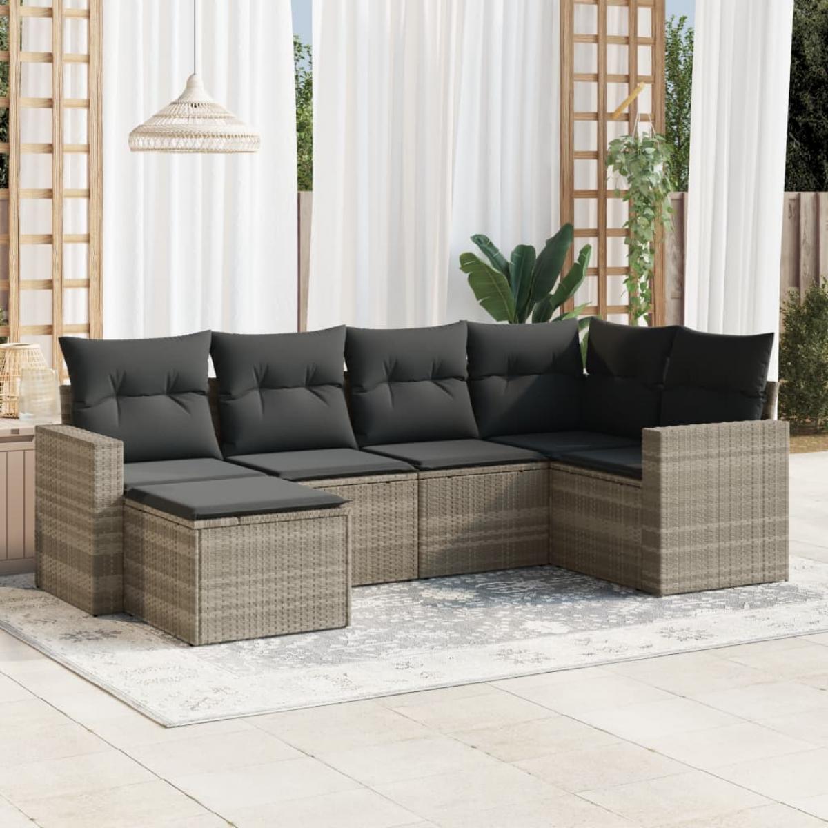Set de sofás de jardín 6 pzas y cojines ratán sintético gris
