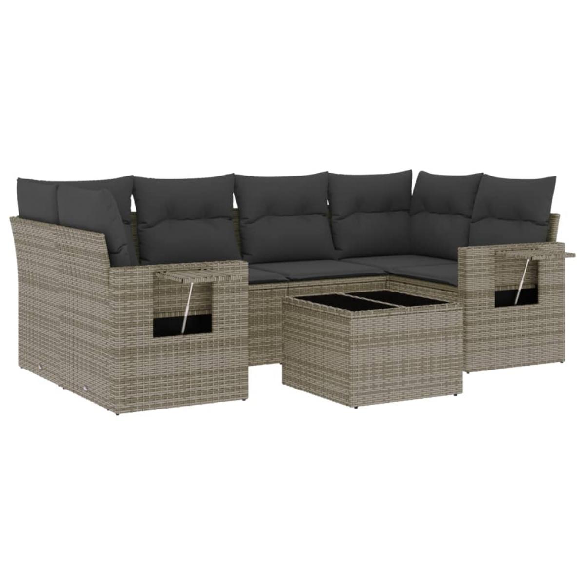 Set de sofás de jardín 7 piezas con cojines ratán PE gris
