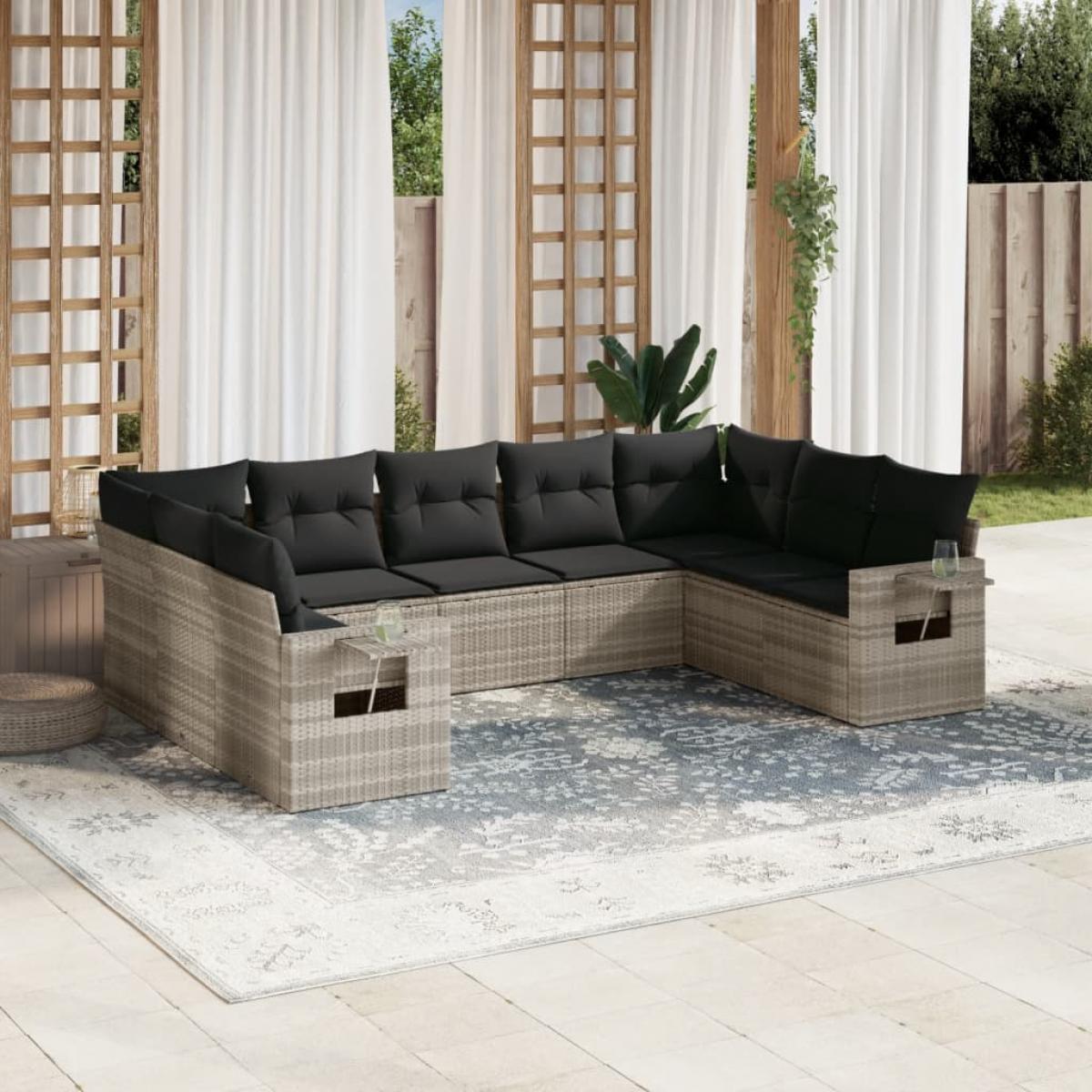 Set muebles jardín 9 pzas y cojines ratán sintético gris claro