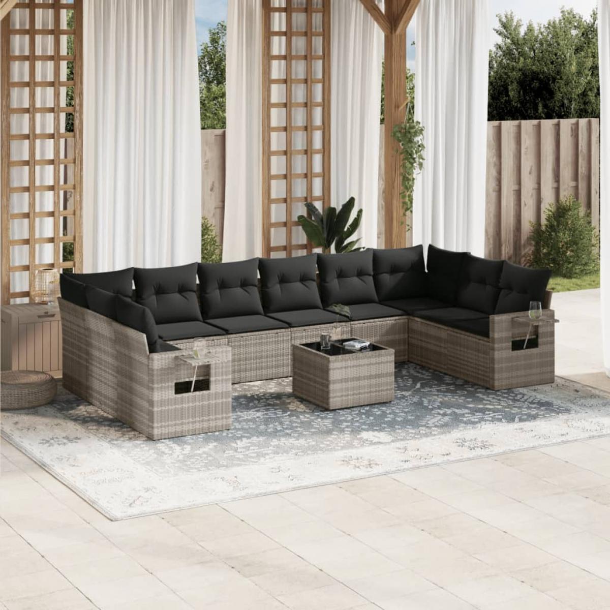 Set de sofás de jardín 11 pzas y cojines ratán sintético gris