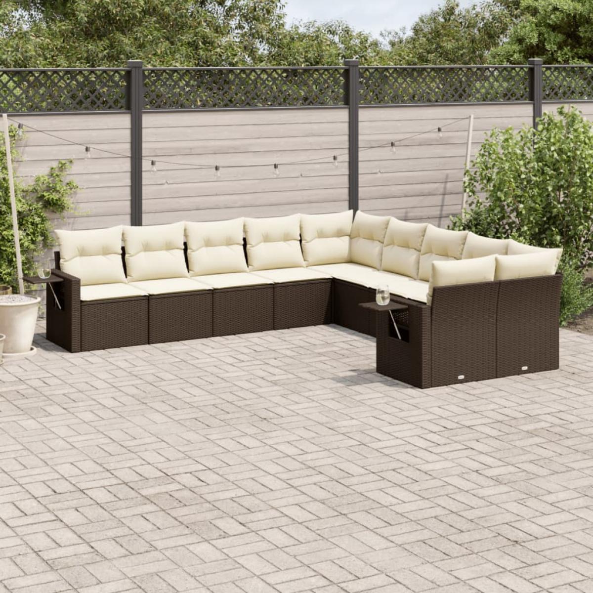Set de sofás de jardín 10 pzas y cojines ratán sintético marrón
