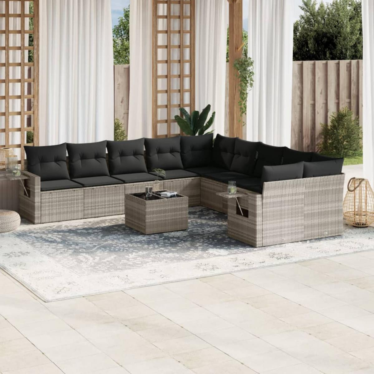 Set de sofás de jardín 11 pzas y cojines ratán sintético gris