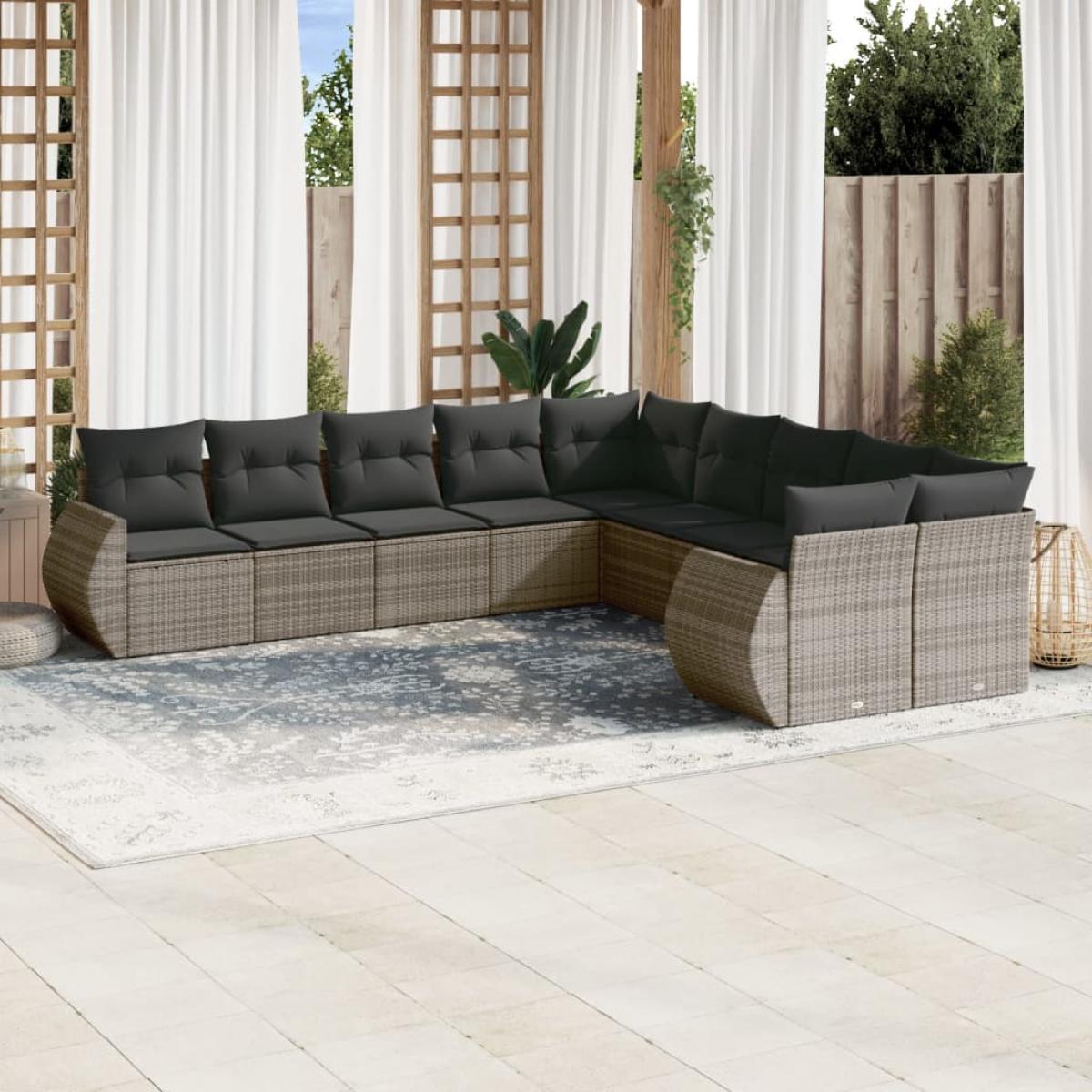 Set de sofás de jardín 11 pzas y cojines ratán sintético gris