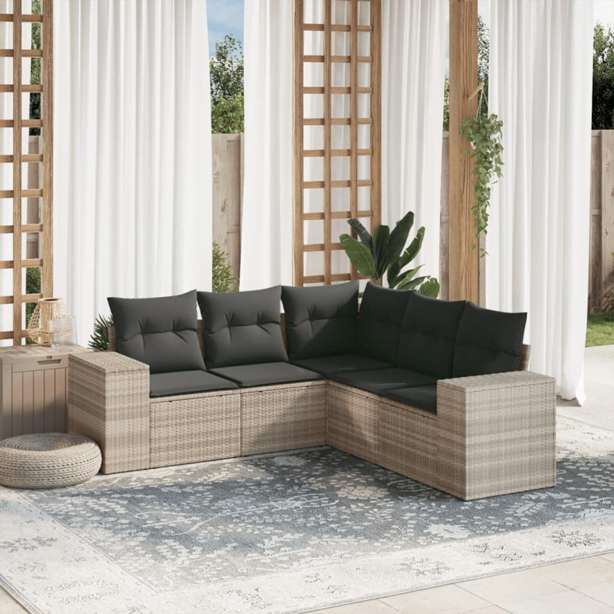 Set de sofás jardín y cojines 5 pzas ratán sintético gris claro