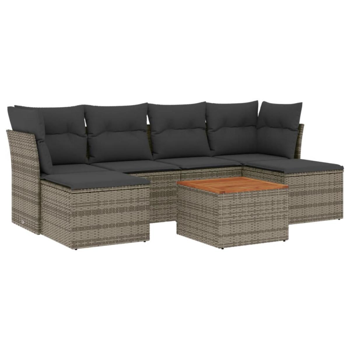 Set de sofás de jardín 7 piezas con cojines ratán PE gris
