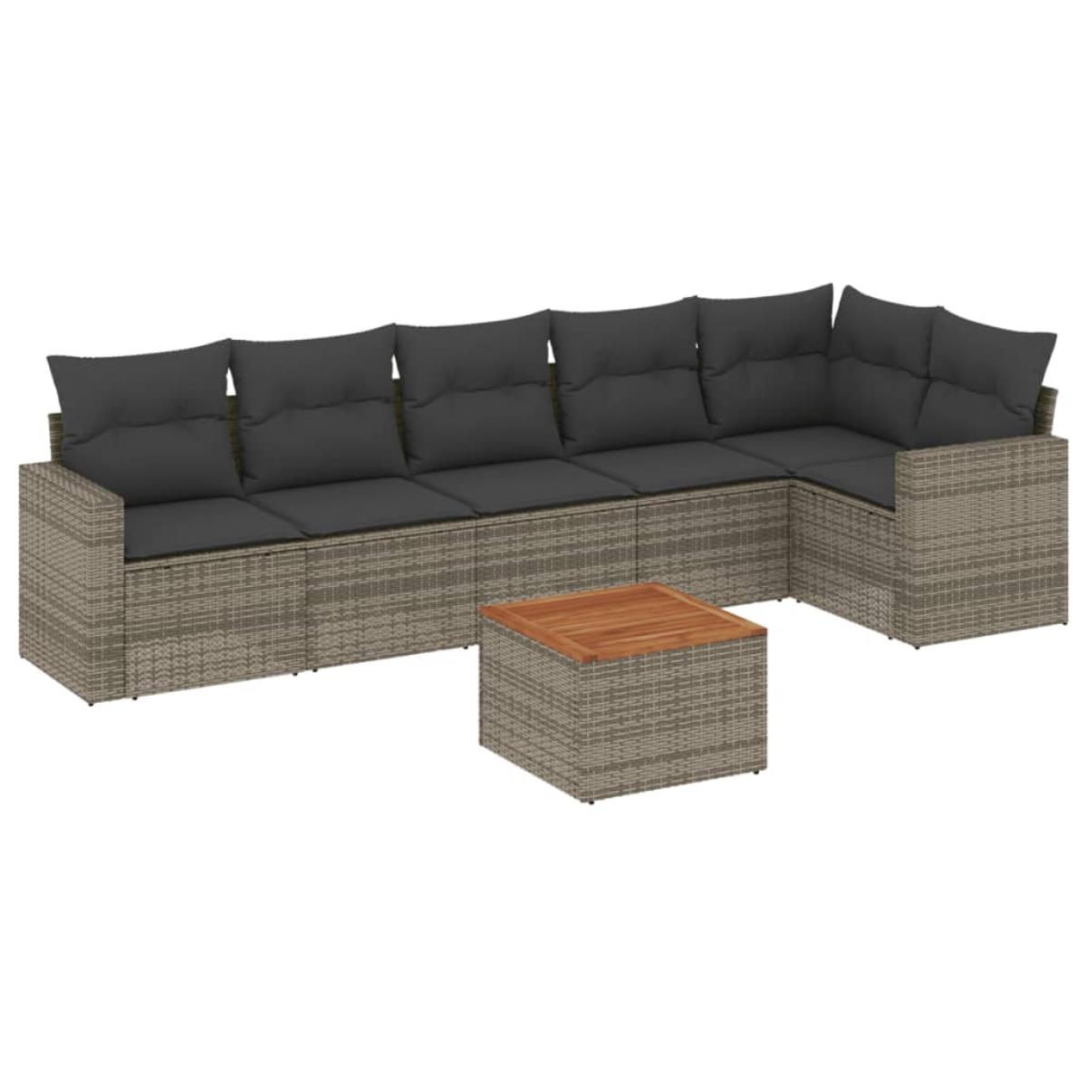 Set de sofás de jardín 7 piezas con cojines ratán PE gris