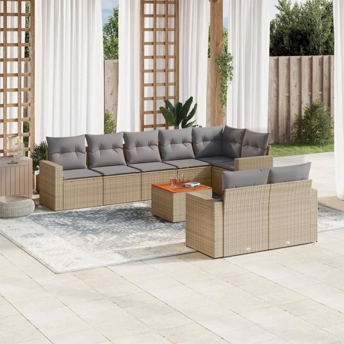 Juego de sofás jardín con cojines beige mezcla 9 pzas ratán PE