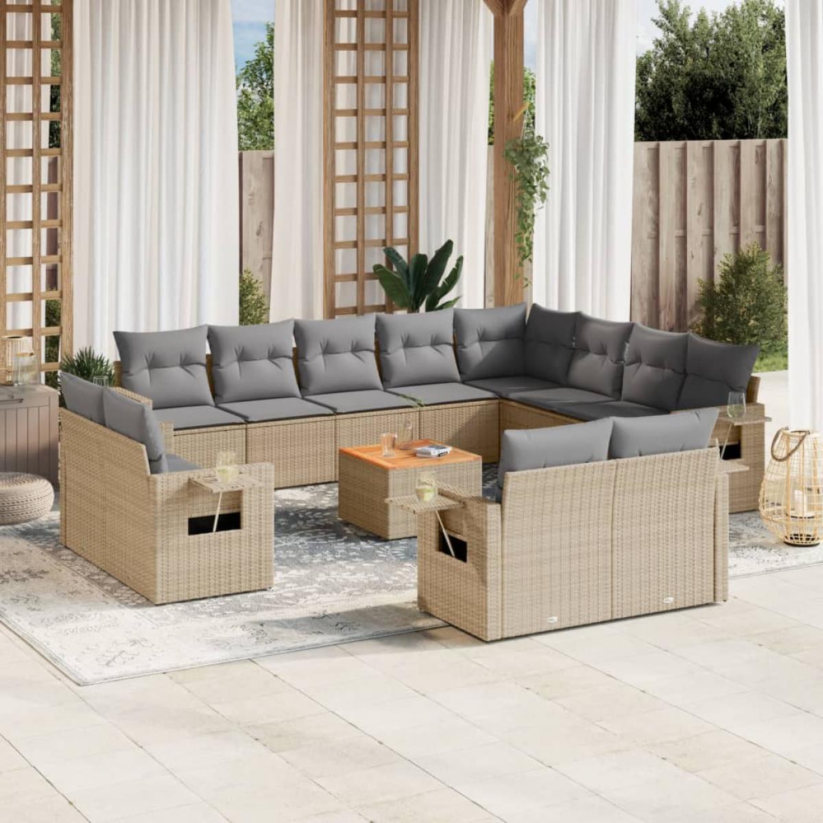 Juego de sofás jardín con cojines beige mezcla 13 pzas ratán PE