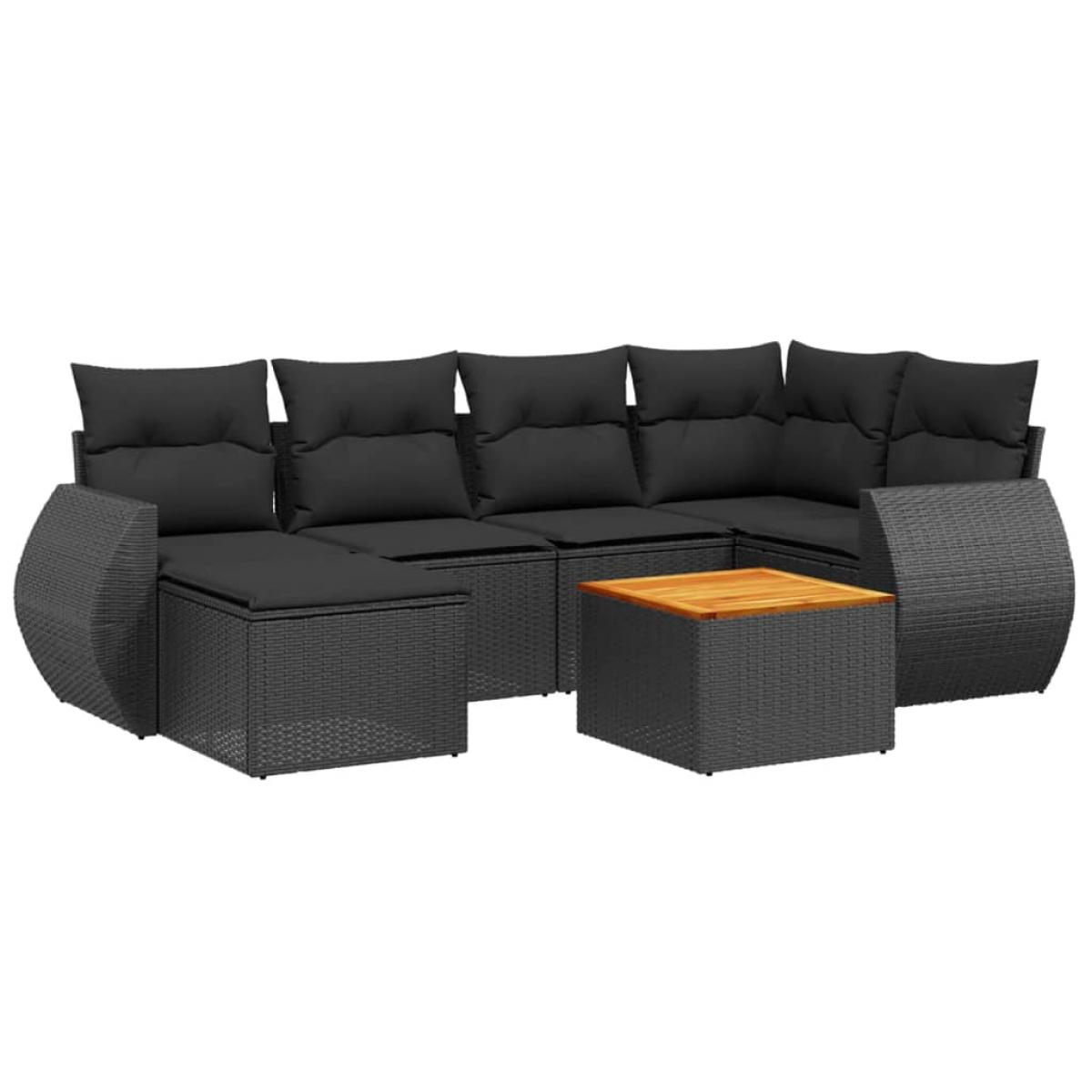 Set de comedor de jardín 7 pzas y cojines ratán sintético negro