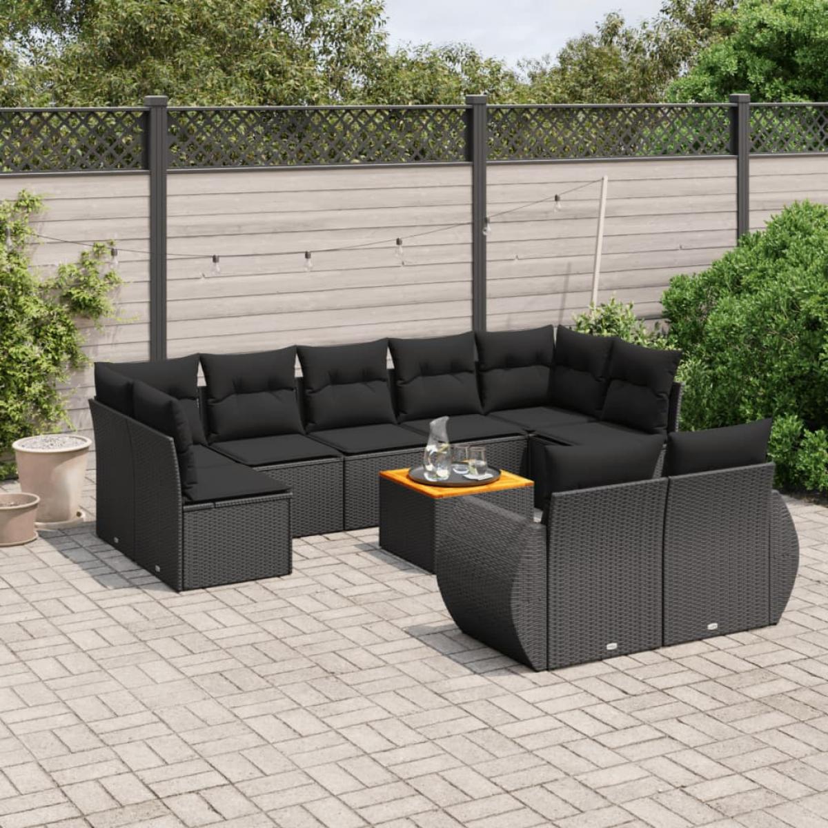 Set de sofás de jardín 10 pzas cojines ratán sintético negro
