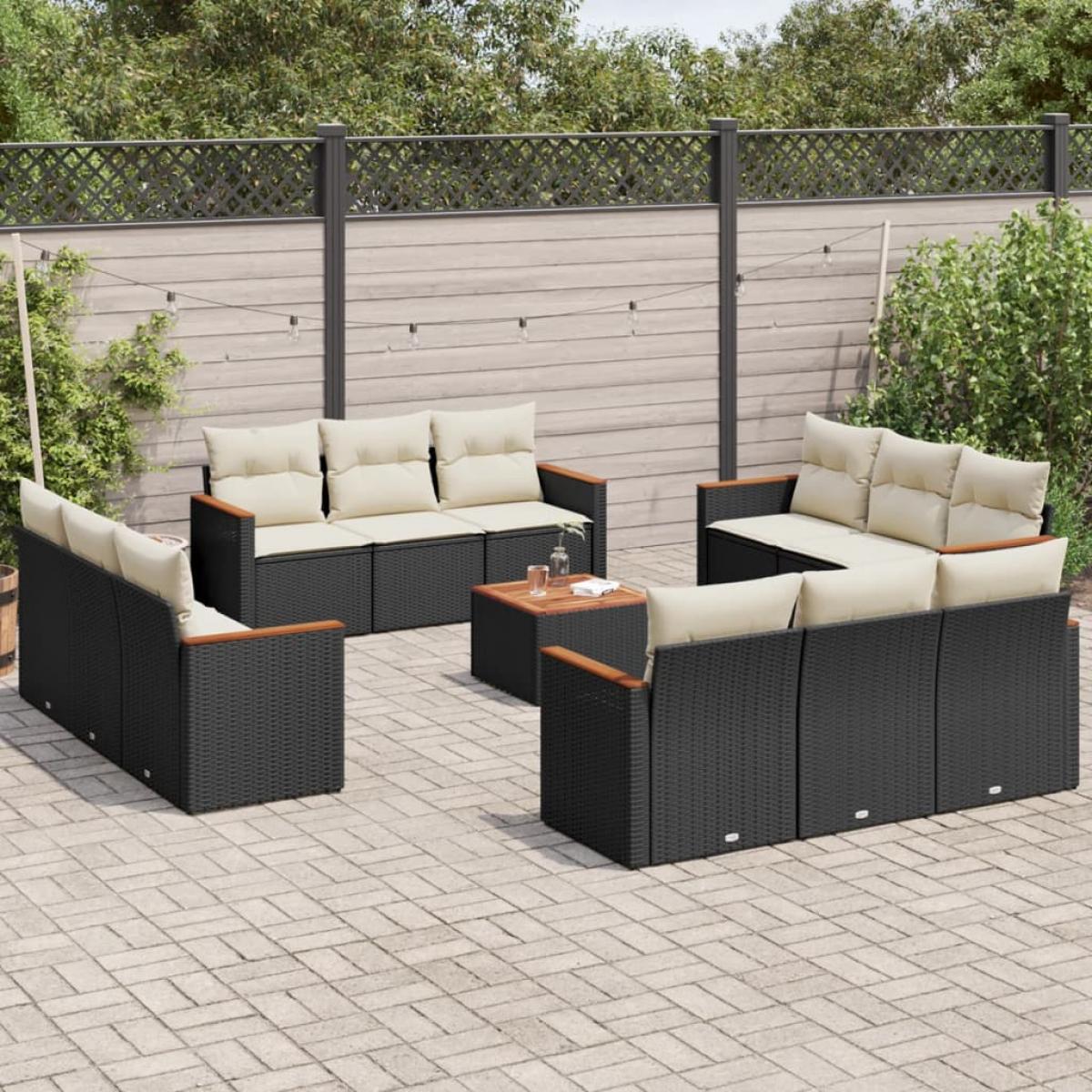 Set de sofás de jardín y cojines 13 pzas ratán sintético negro