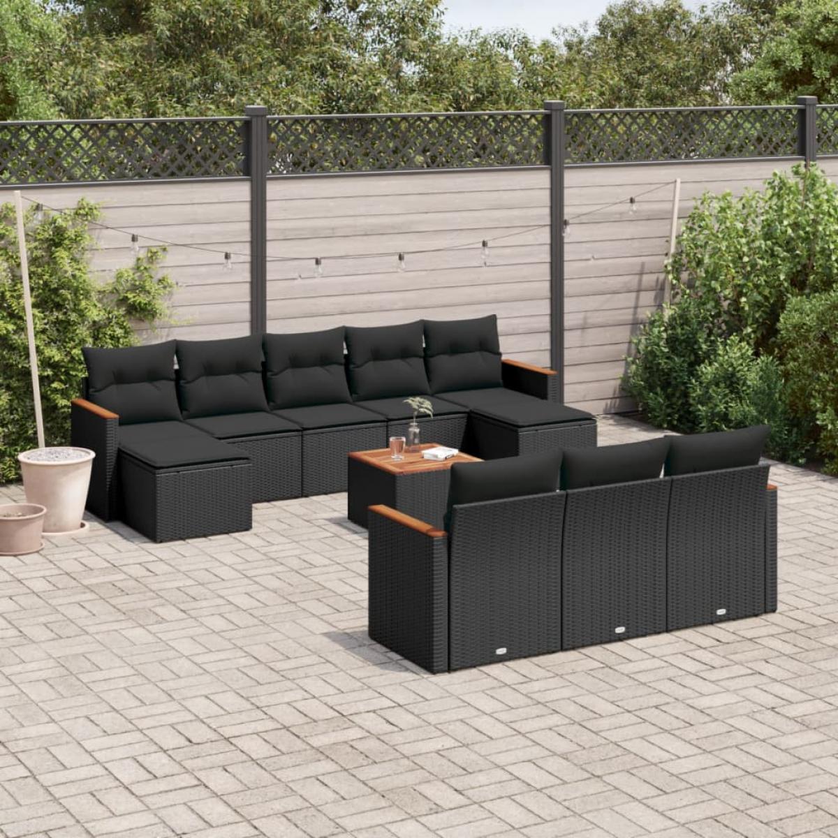 Set de sofás de jardín 11 pzas y cojines ratán sintético negro