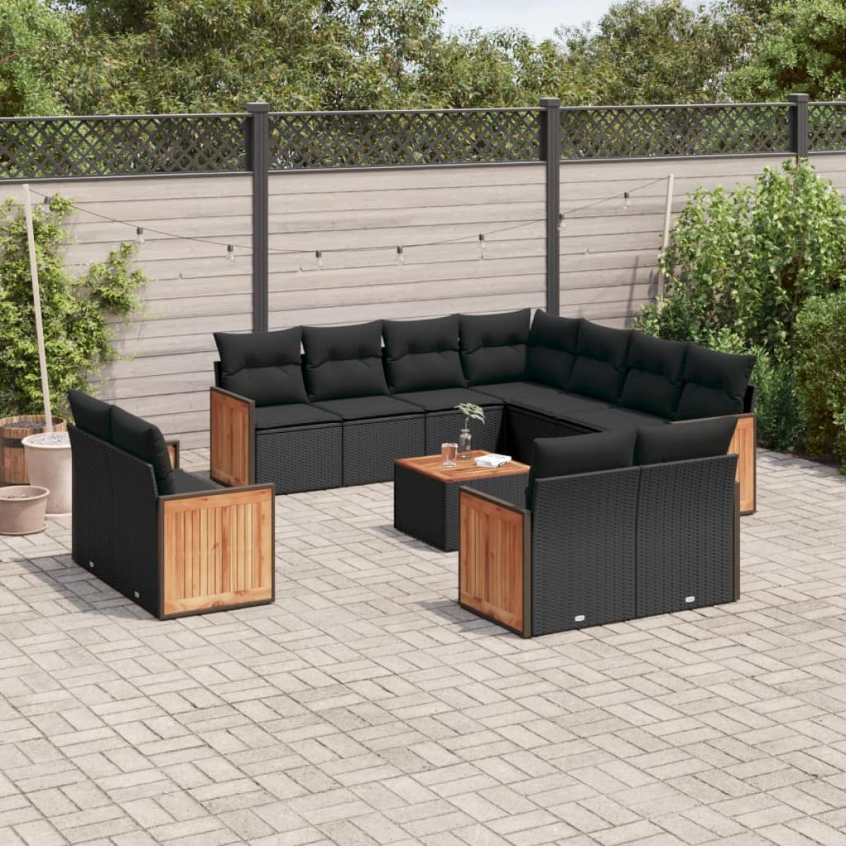 Set de sofás de jardín 12 piezas cojines ratán sintético negro