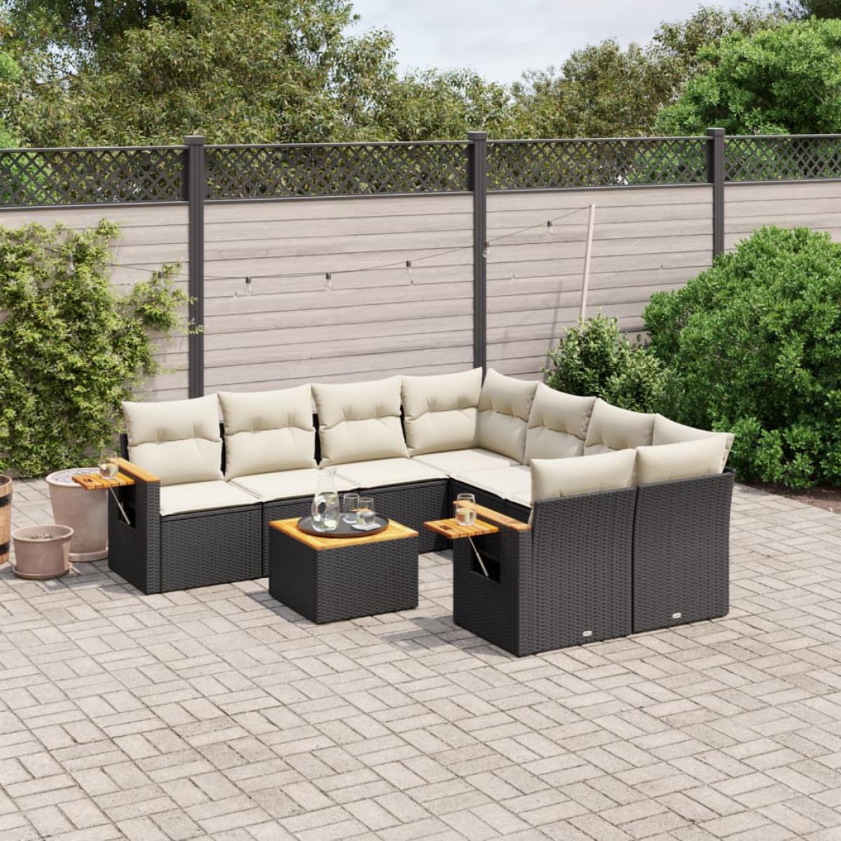Set de sofás de jardín 8 piezas y cojines ratán sintético negro