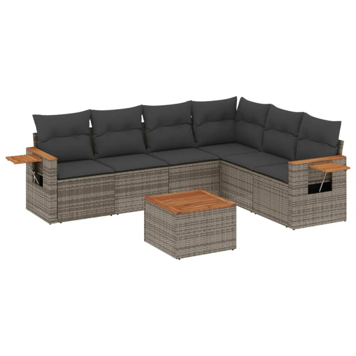Set de sofás de jardín 7 piezas con cojines ratán PE gris