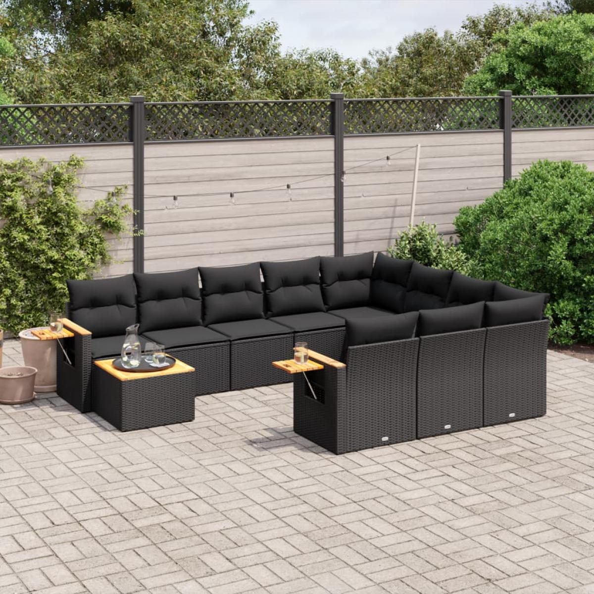 Set de sofás de jardín 11 pzas y cojines ratán sintético negro