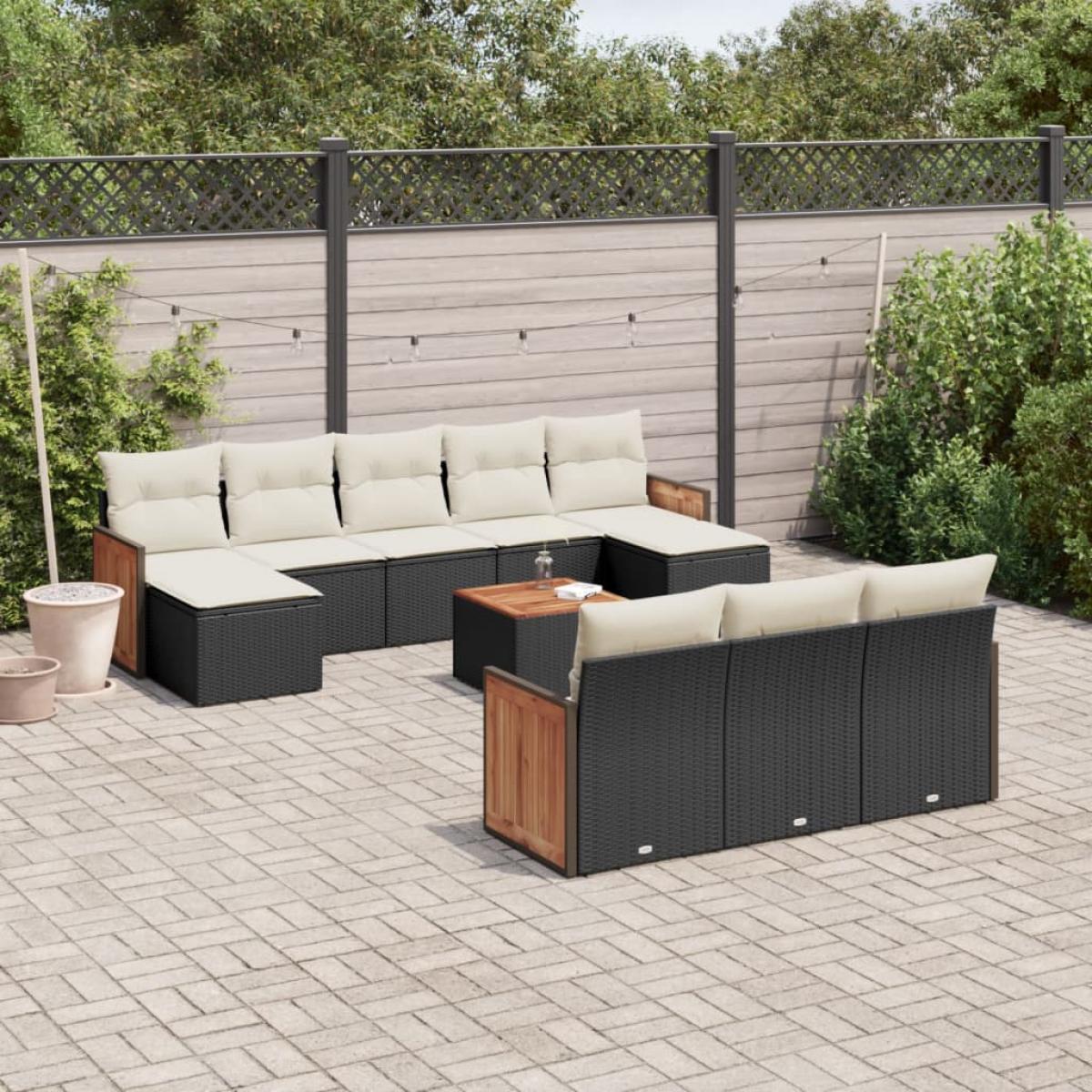Set de sofás de jardín 11 pzas y cojines ratán sintético negro
