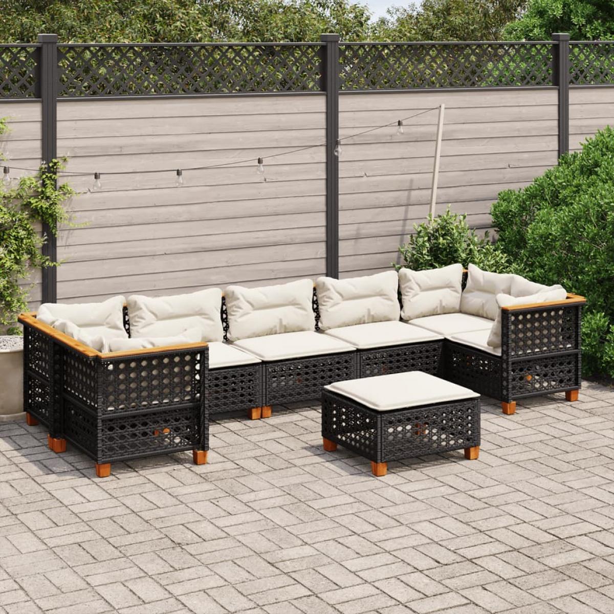 Set de sofás de jardín 8 piezas y cojines ratán sintético negro