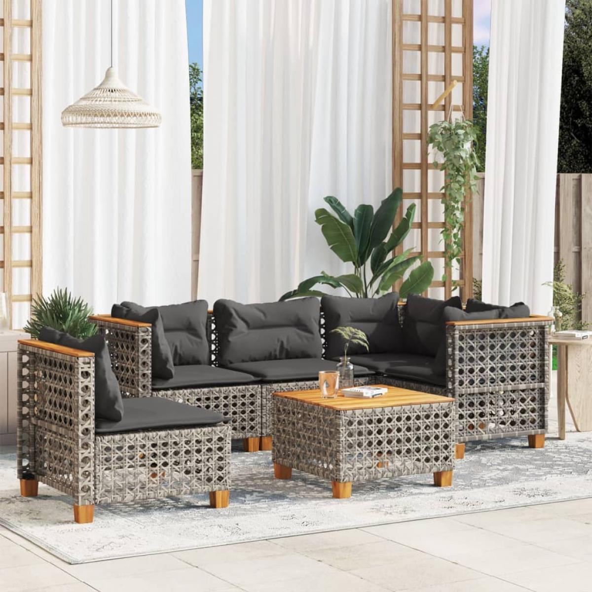 Set de muebles de jardín 6 pzas y cojines ratán sintético gris