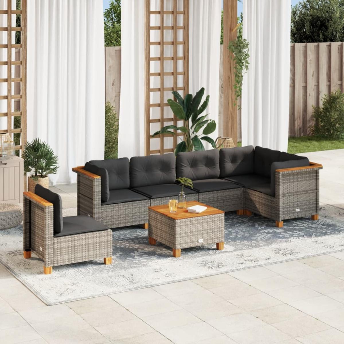 Set de sofás de jardín 7 pzas con cojines ratán sintético gris