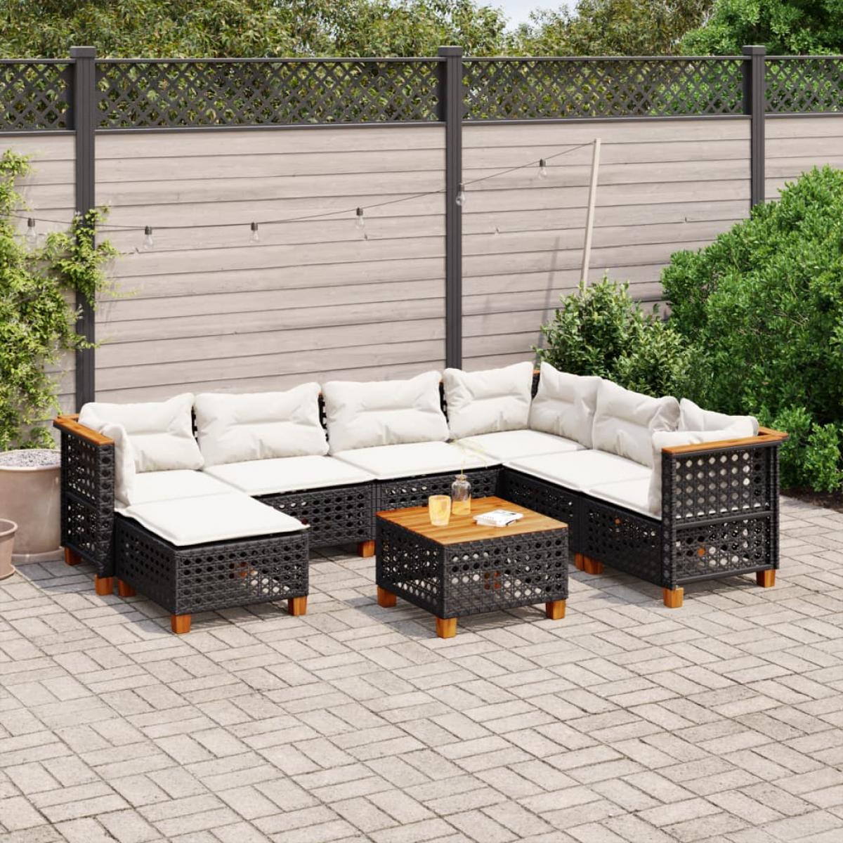 Set de sofás de jardín 8 piezas y cojines ratán sintético negro