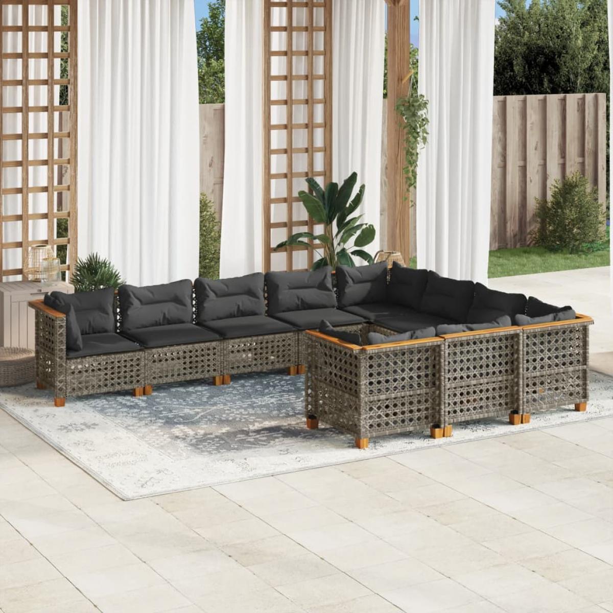 Set de sofás de jardín 10 pzas con cojines ratán sintético gris