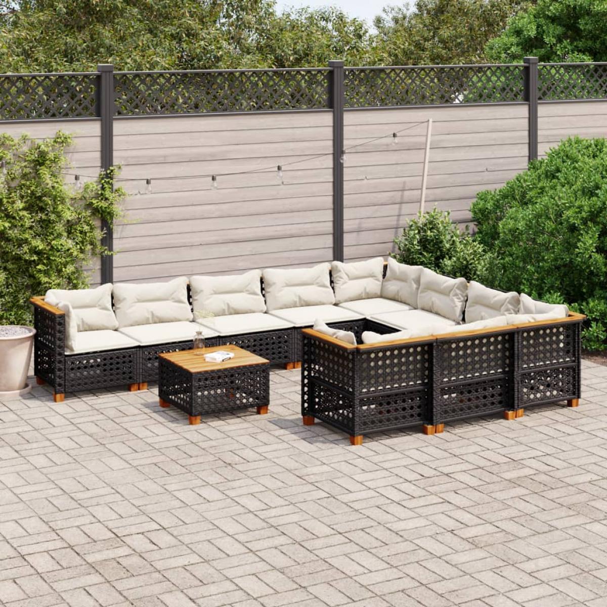 Set de sofás de jardín 11 pzas y cojines ratán sintético negro