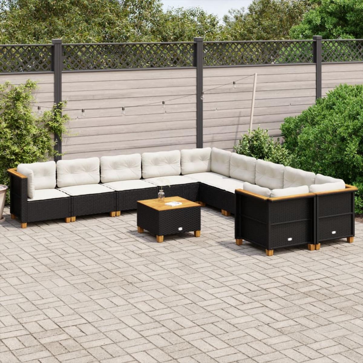 Set de sofás de jardín 11 pzas y cojines ratán sintético negro