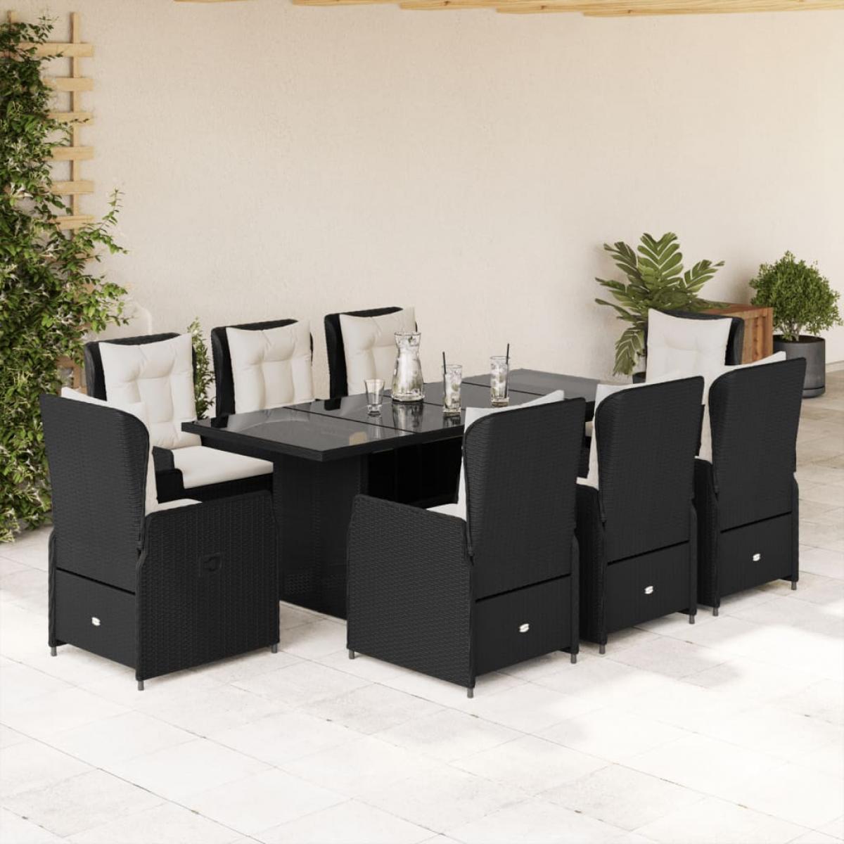 Set de comedor de jardín 9 pzas y cojines ratán sintético negro