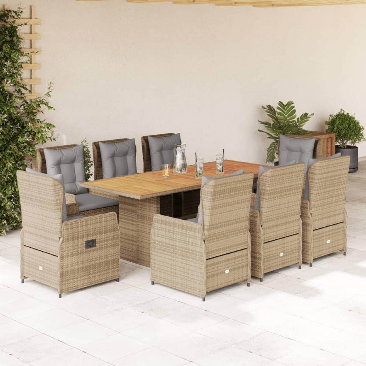 Set comedor de jardín 9 pzas con cojines ratán sintético beige