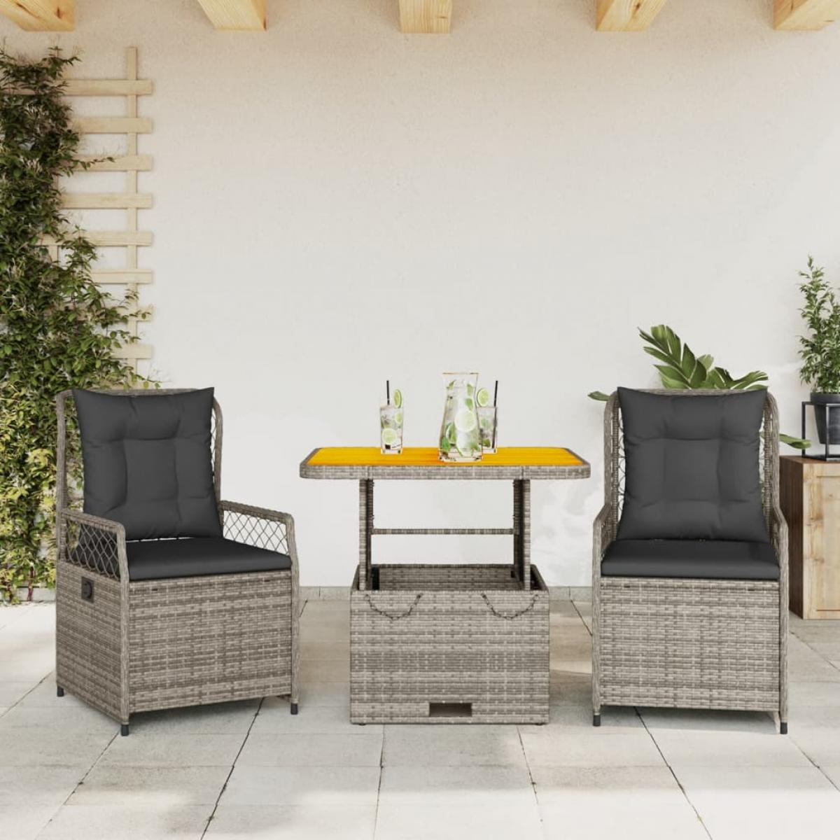 Set comedor de jardín 3 piezas con cojines ratán sintético gris