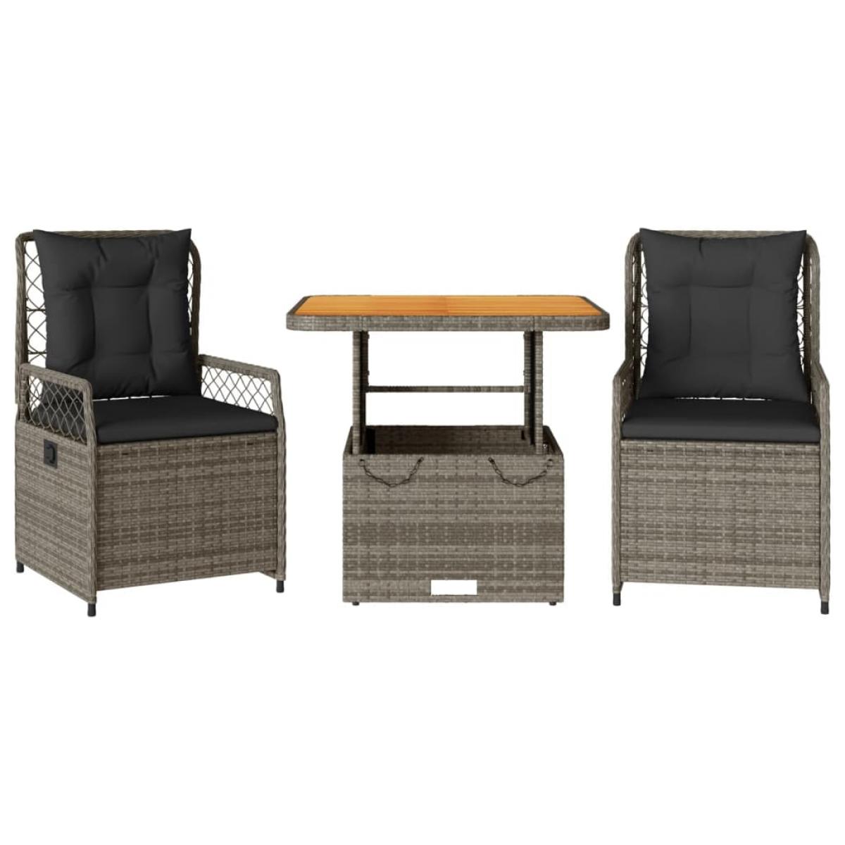 Set comedor de jardín 3 piezas con cojines ratán sintético gris