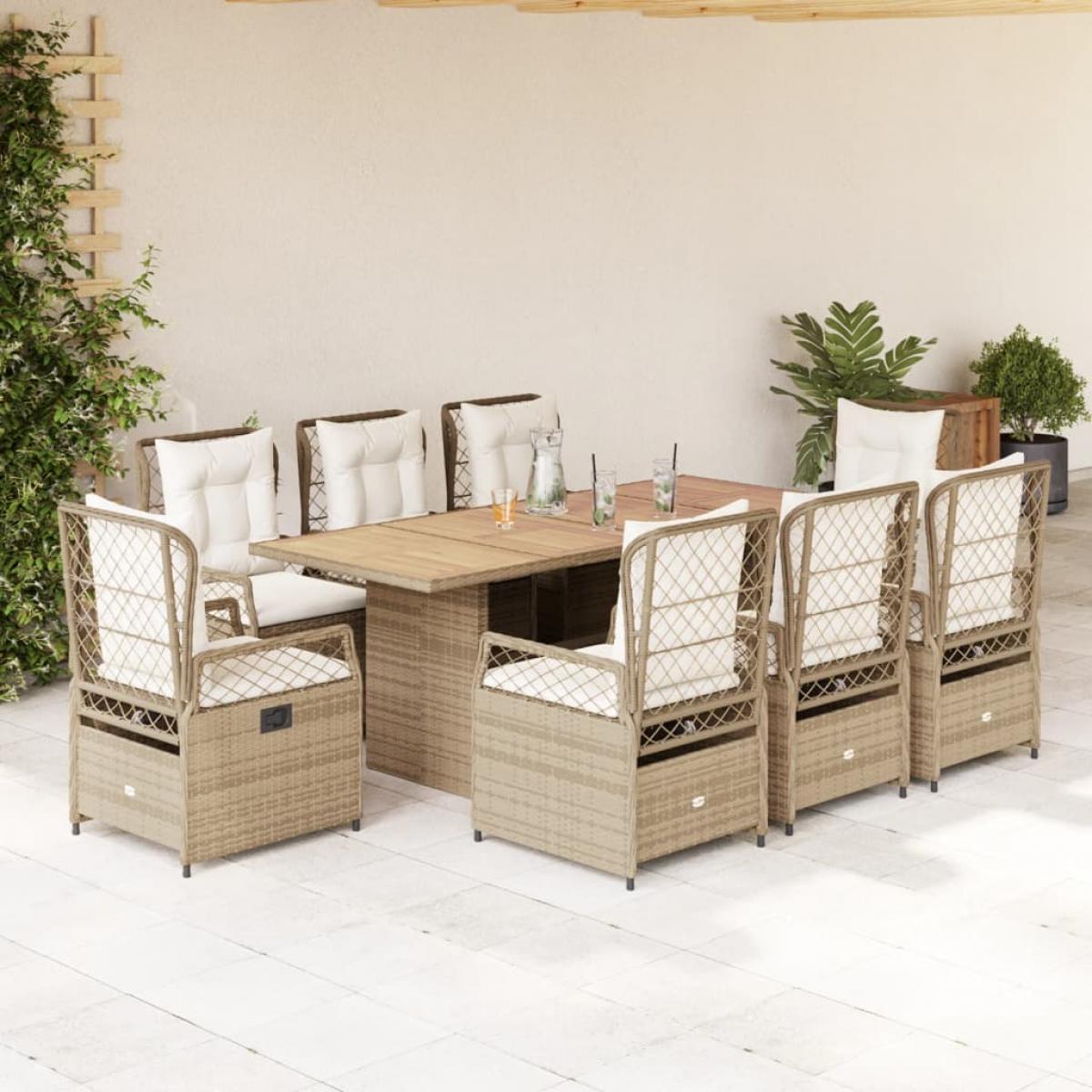 Set comedor de jardín 9 pzas con cojines ratán sintético beige