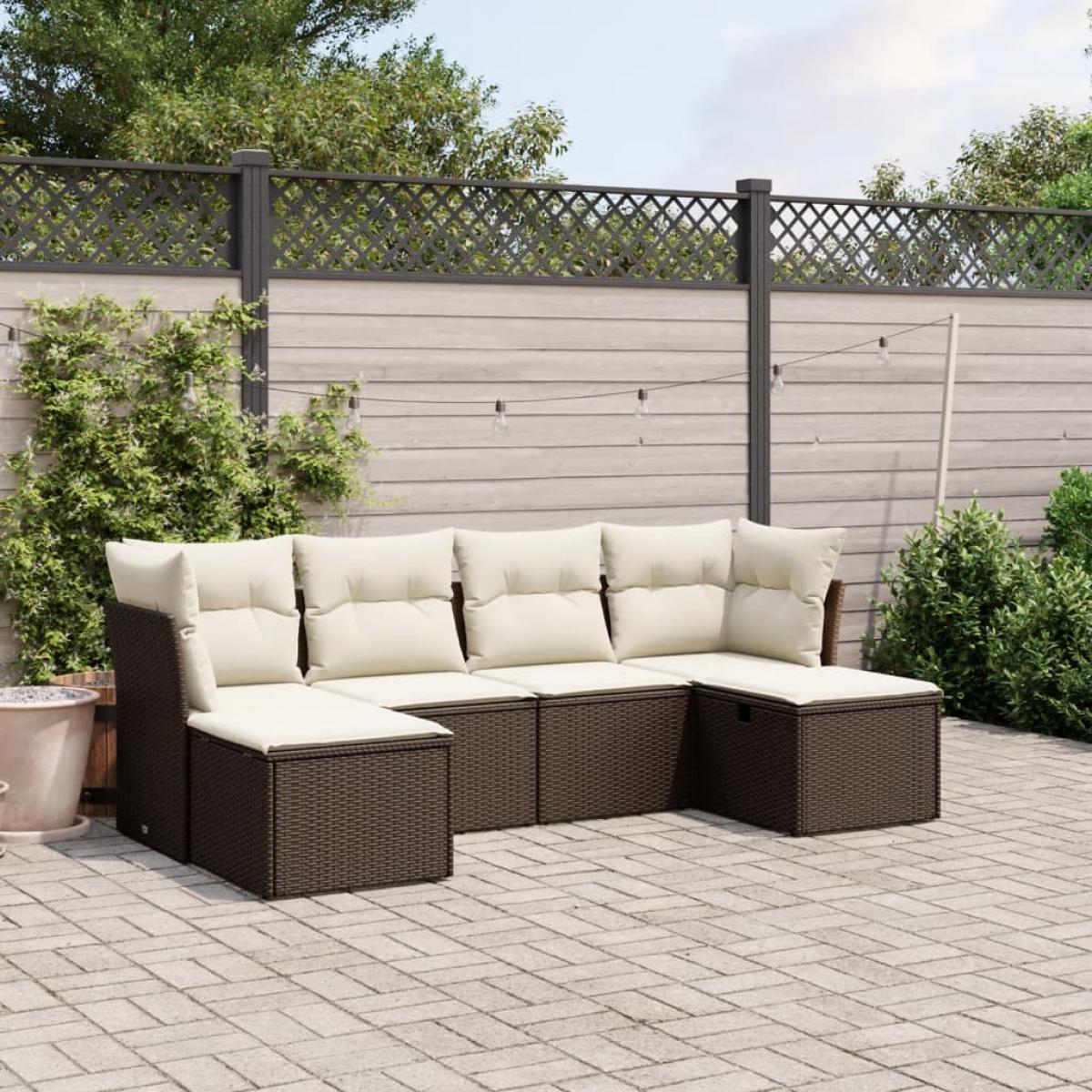 Set sofás de jardín 6 piezas y cojines ratán sintético marrón