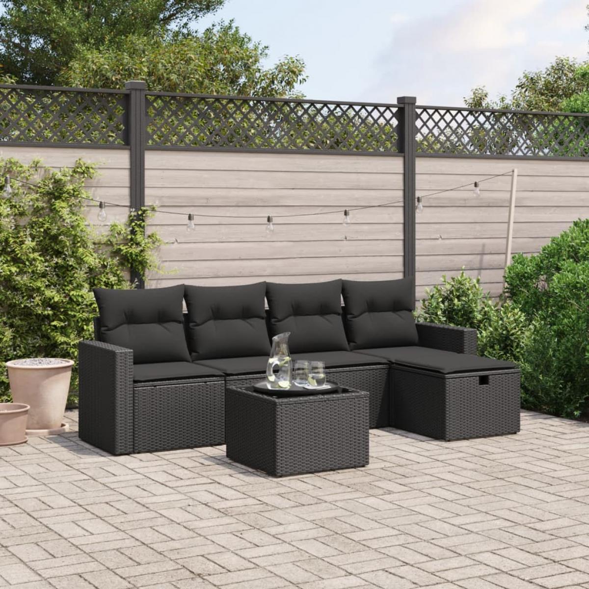 Set de sofás de jardín 6 piezas y cojines ratán sintético negro