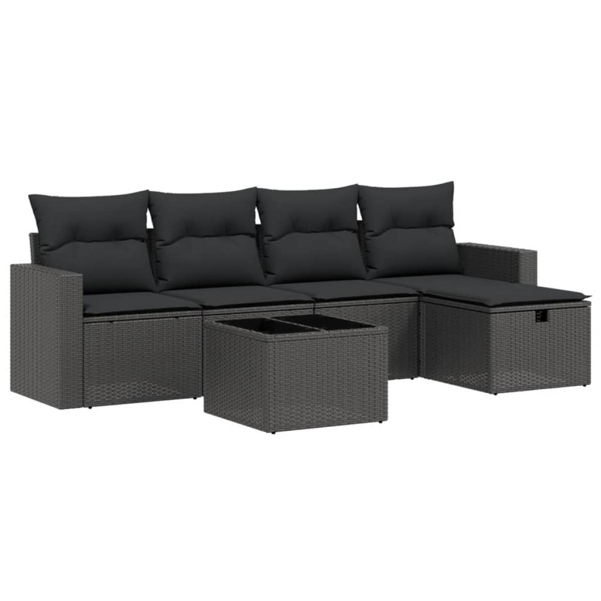 Set de sofás de jardín 6 piezas y cojines ratán sintético negro
