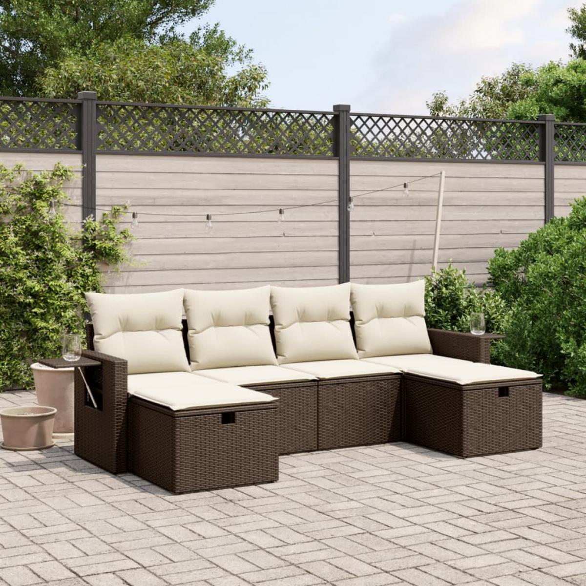 Set sofás de jardín 6 piezas y cojines ratán sintético marrón