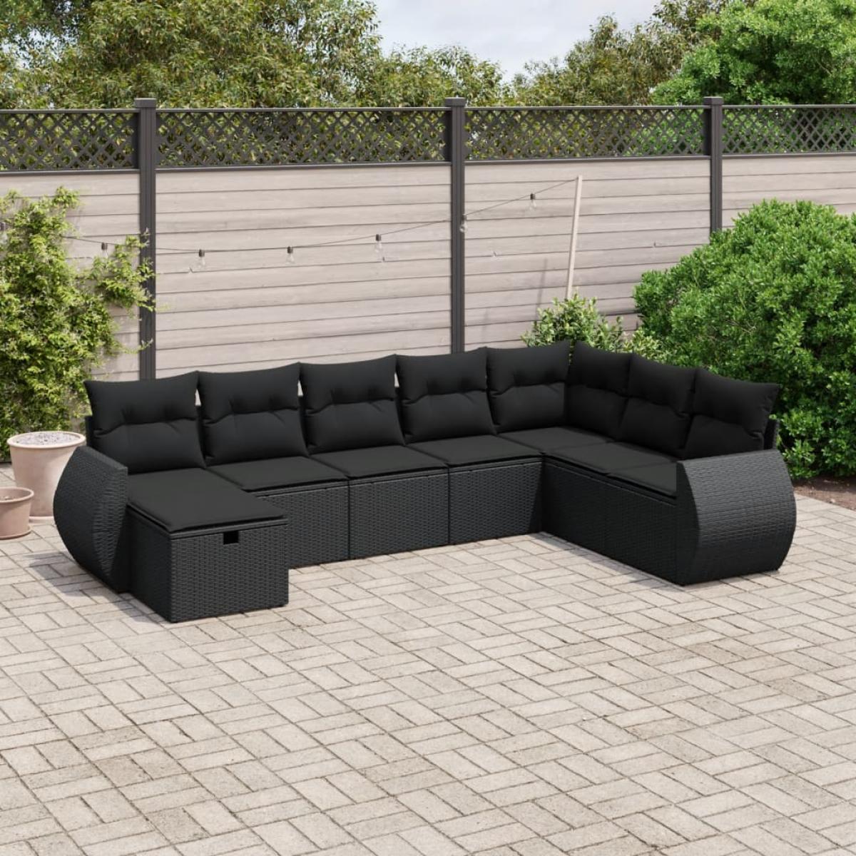 Set de sofás de jardín 8 piezas y cojines ratán sintético negro