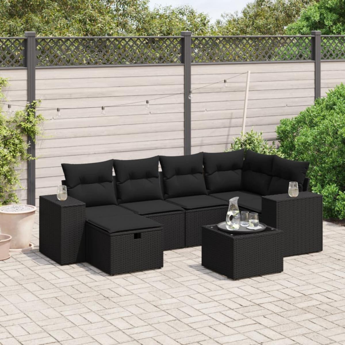 Set de comedor de jardín 7 pzas y cojines ratán sintético negro