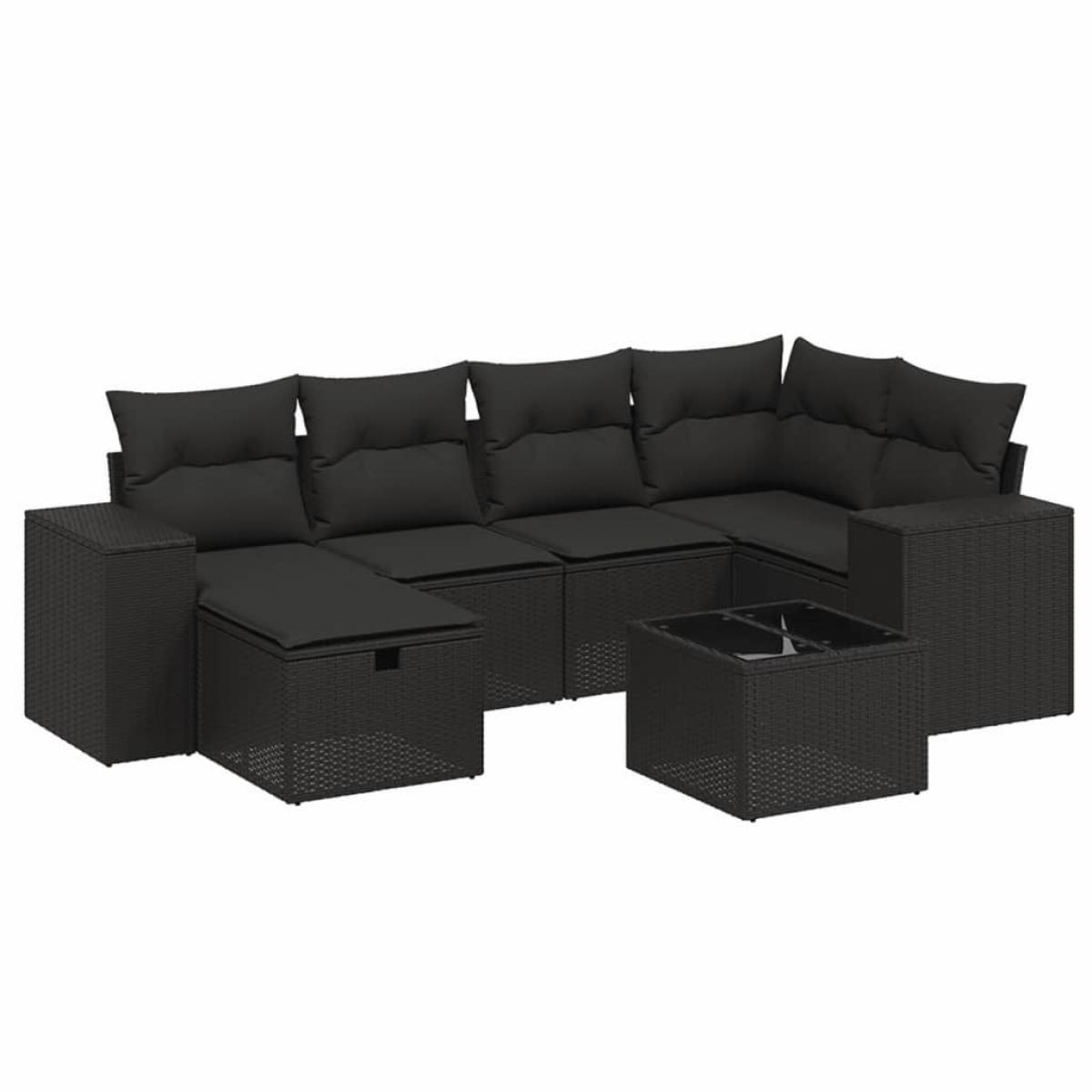 Set de comedor de jardín 7 pzas y cojines ratán sintético negro