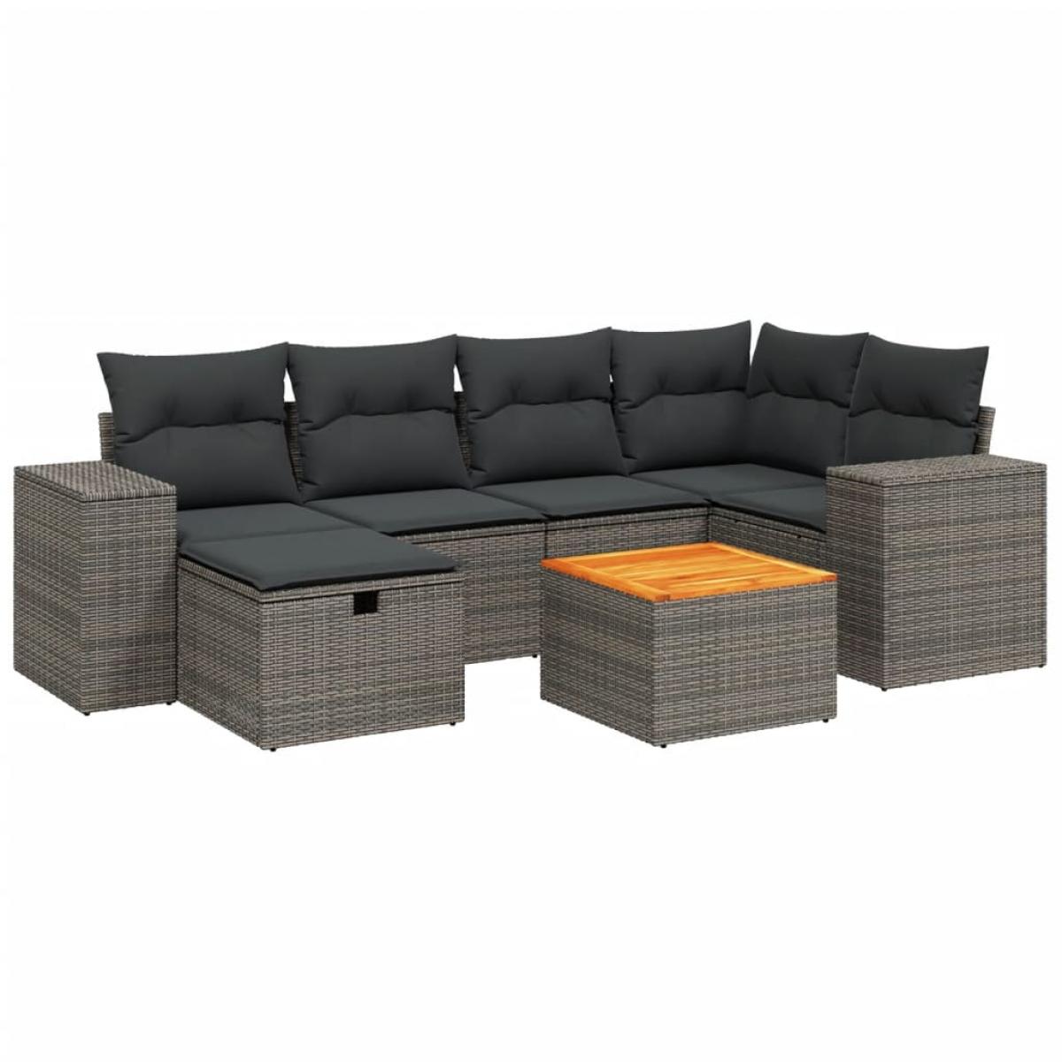 Set de sofás de jardín 7 piezas con cojines ratán PE gris