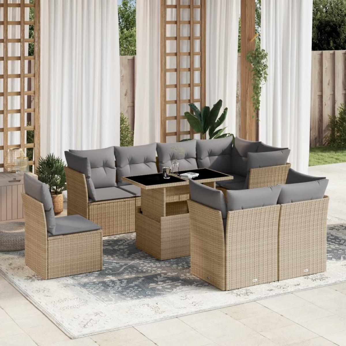 Set de sofás de jardín 9 pzas con cojines ratán sintético beige