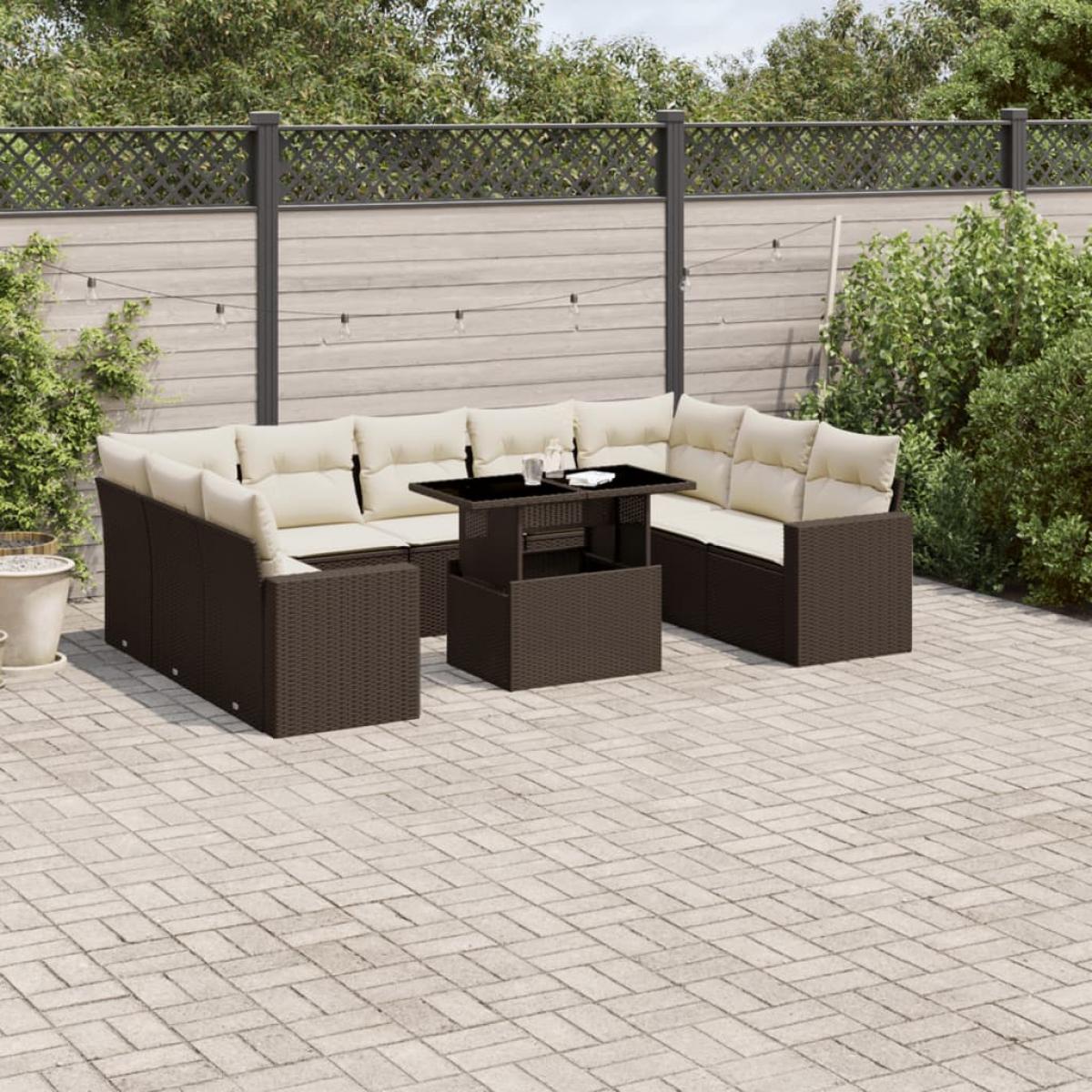 Set de sofás de jardín 10 pzas y cojines ratán sintético marrón