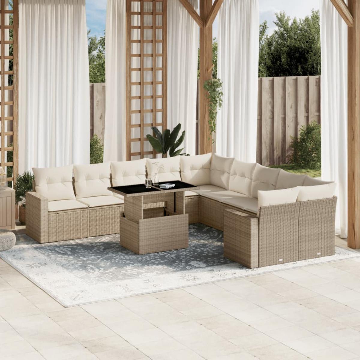 Set de sofás de jardín 11pzas con cojines ratán sintético beige