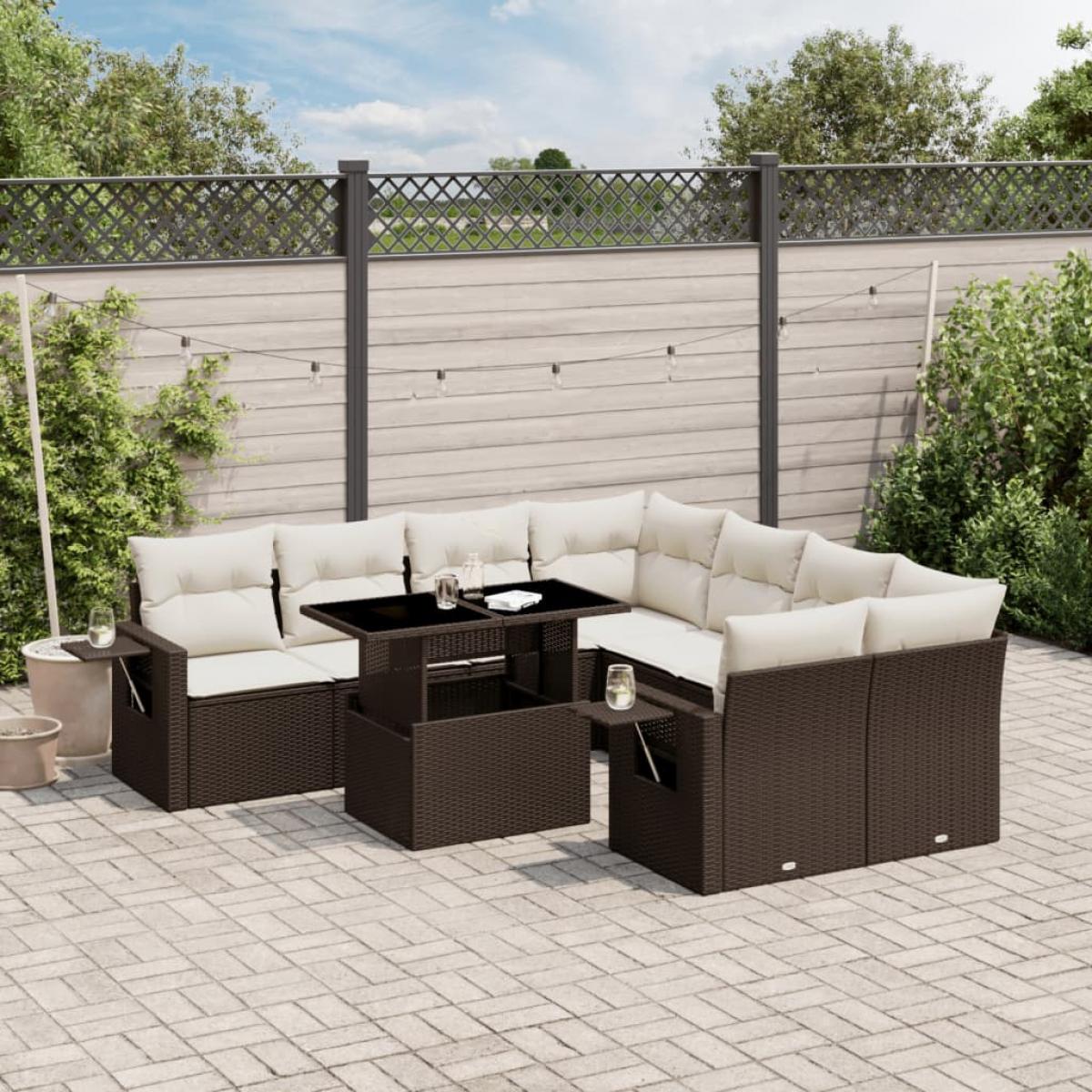 Set de sofás de jardín 9 pzas y cojines ratán sintético marrón