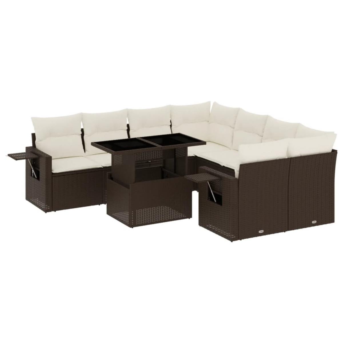 Set de sofás de jardín 9 pzas y cojines ratán sintético marrón