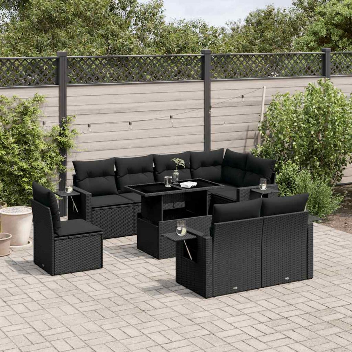 Set de sofás de jardín 8 piezas y cojines ratán sintético negro