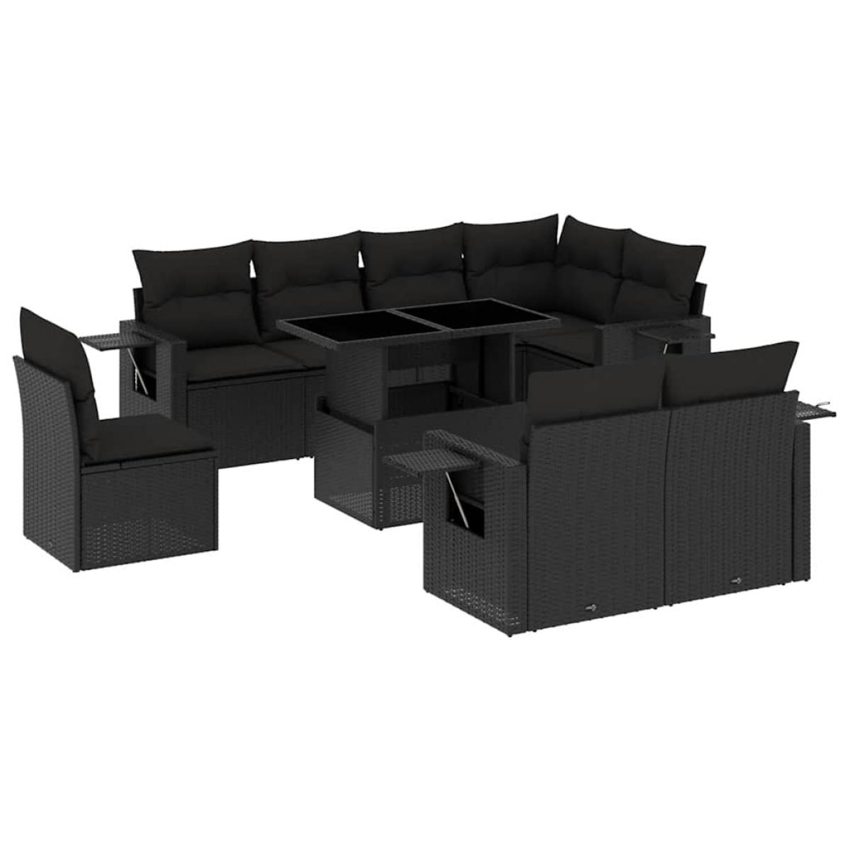 Set de sofás de jardín 8 piezas y cojines ratán sintético negro